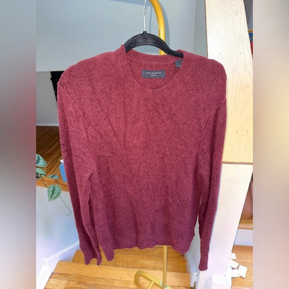 All Saints Men’s Patern Wool Crewneck Sweater in Tinted Red Size Medium